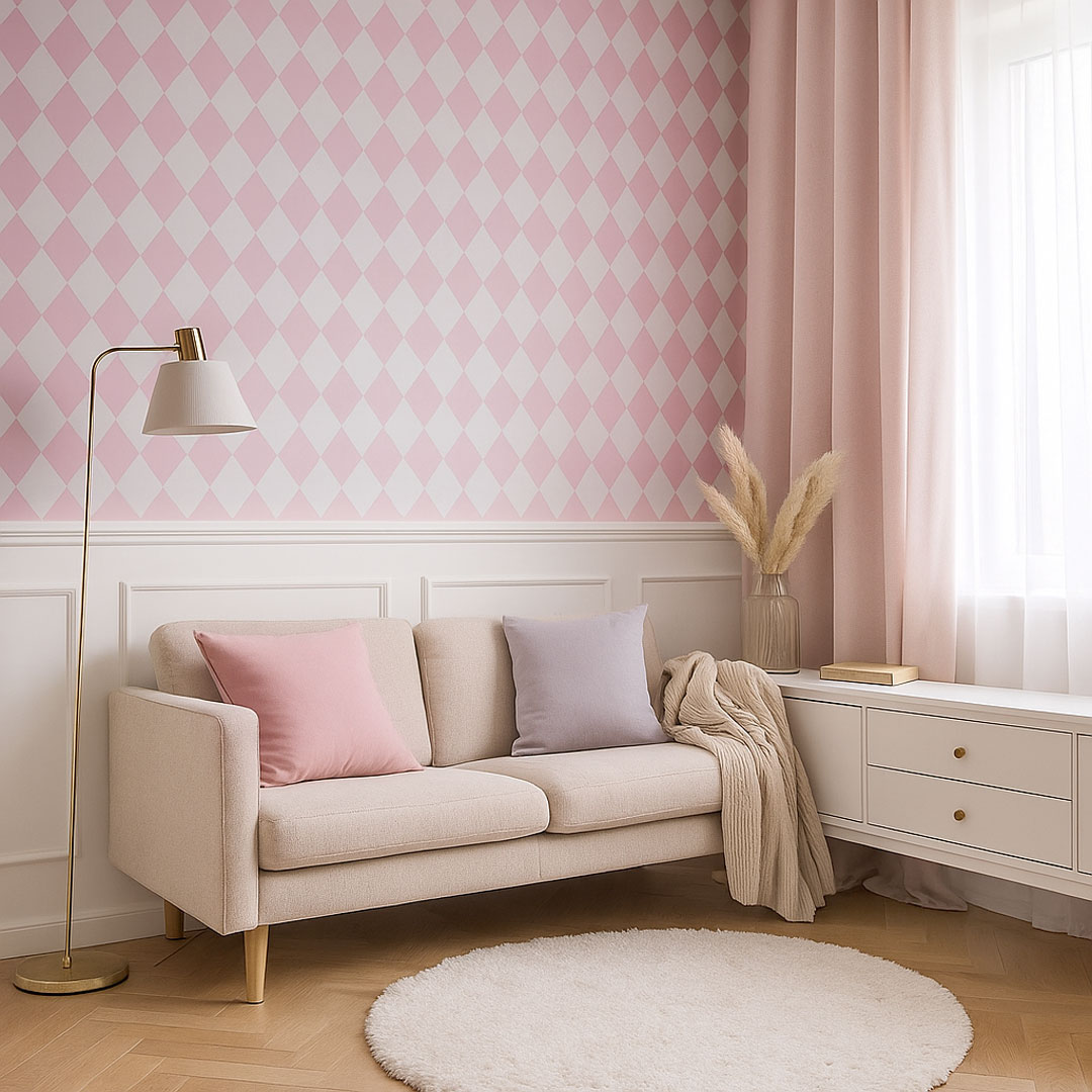 Tapeta s malými bílými a světle růžovými kosočtverci - Dekoori obrázek 2
