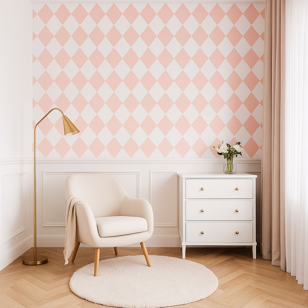 Bílo-lososově růžová tapeta s kosočtverci, diamanty - Dekoori obrázek 2
