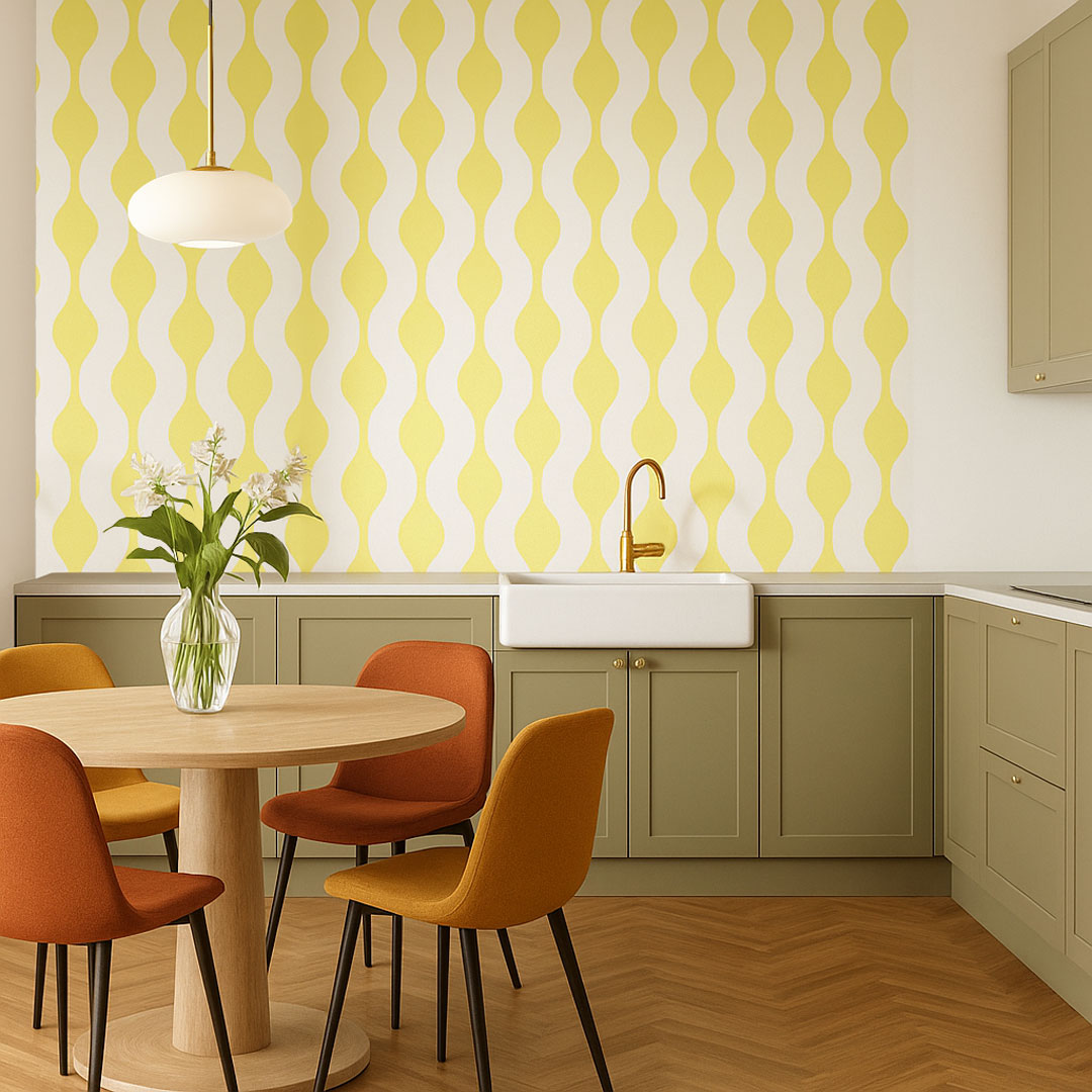 Bílo-žlutá tapeta se svislým vzorem oka, vlny - Dekoori obrázek 2