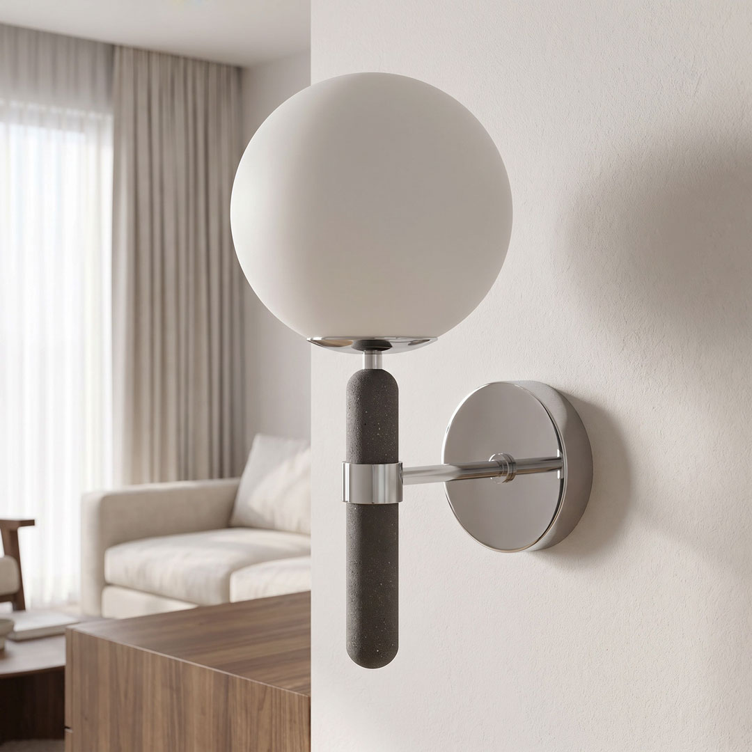 Chromovaná nástěnná lampa, svítidlo GRANINO D20, moderní design, betonová rukojeť