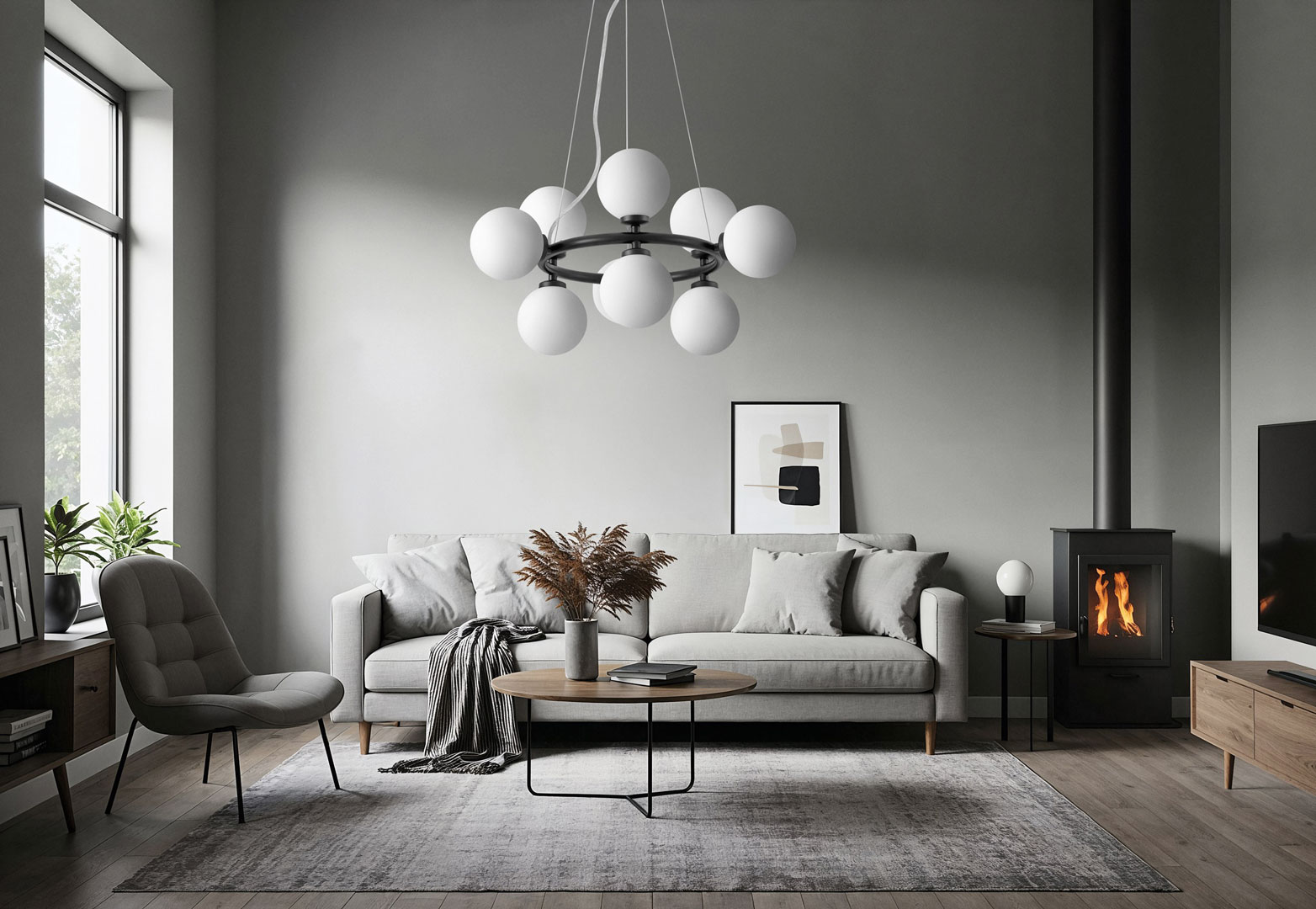 Černý lustr, vícebodová závěsná lampa, bílé stínidla, skleněné koule - MARSIADA - Lumina Deco obrázek 2