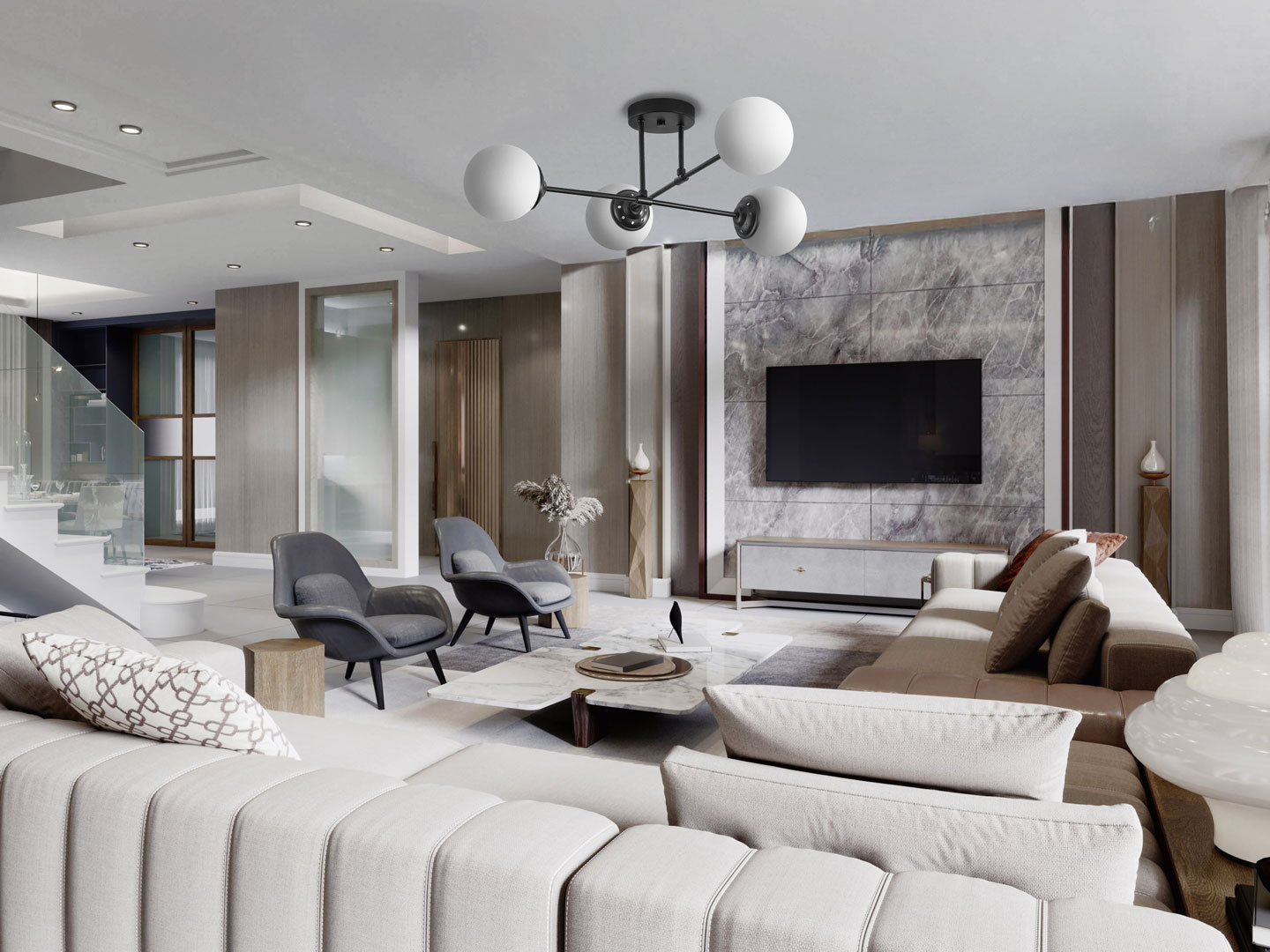 Černé stropní svítidlo, asymetrický tvar, kovové trubice, bílé koule - FINO - Lampit obrázek 4