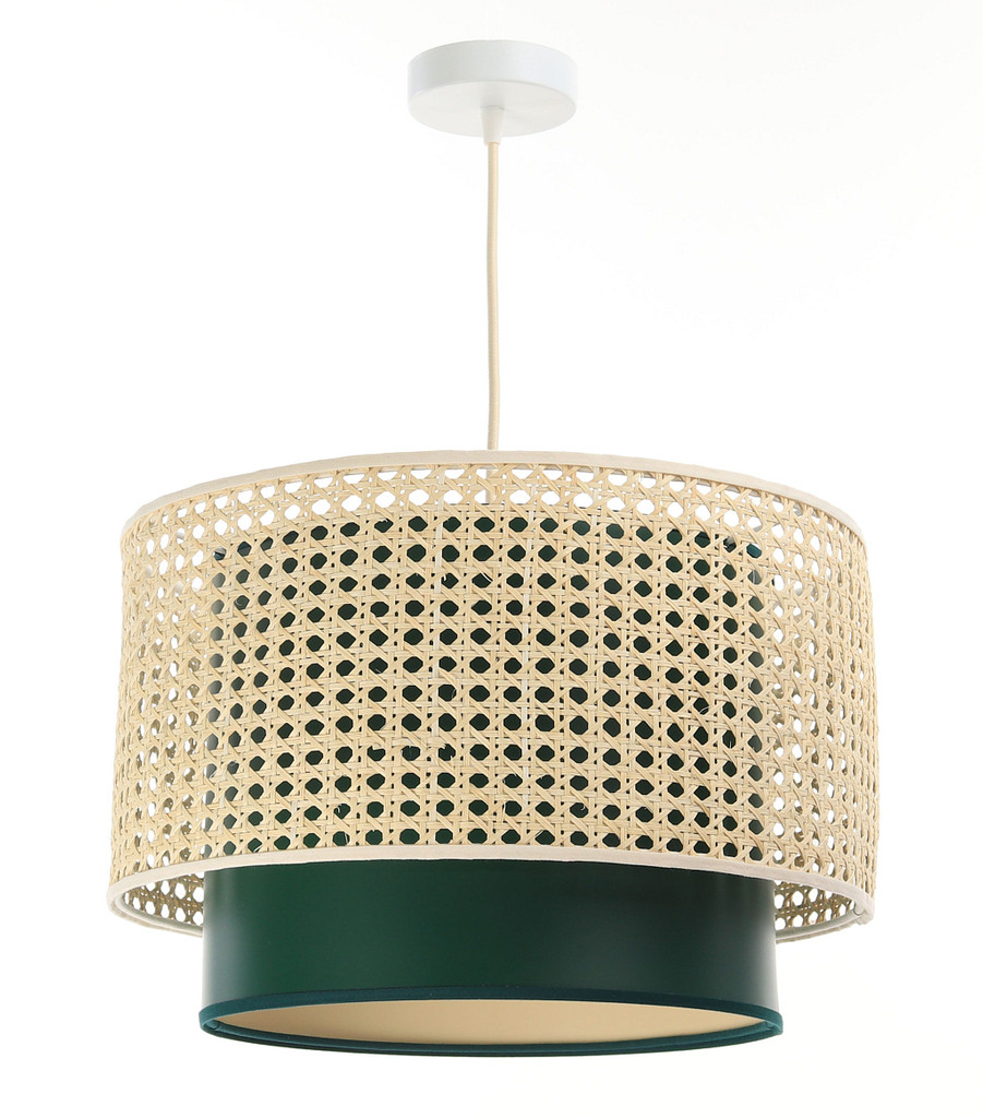Přírodní závěsná lampa se stínidlem ve tvaru válce z palmových vláken ratanu a zeleného PVC materiálu ROTANG - BPS Koncept obrázek 3