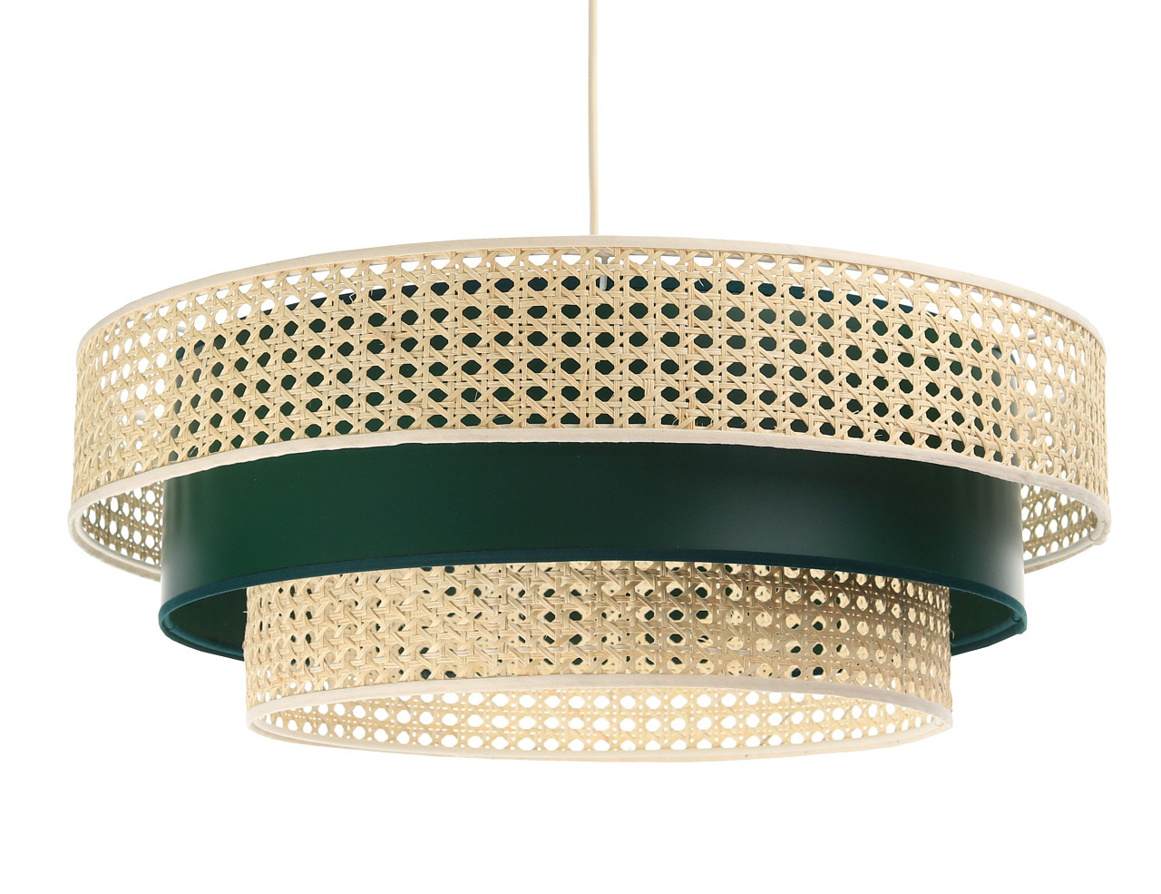 Přírodní, boho závěsná lampa se stínidly z ratanu a z zeleného archu PVC, EKO ROTANG - BPS Koncept obrázek 1