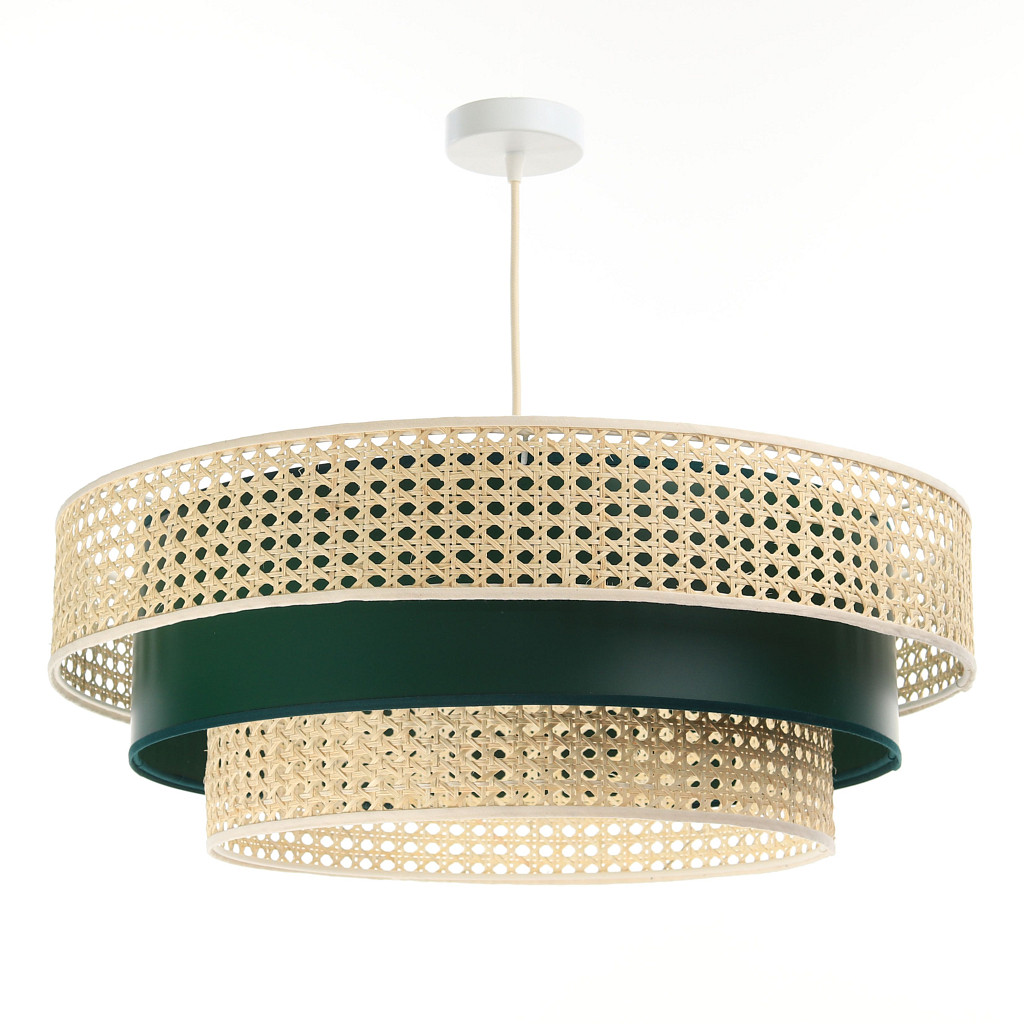 Přírodní, boho závěsná lampa se stínidly z ratanu a z zeleného archu PVC, EKO ROTANG - BPS Koncept obrázek 3