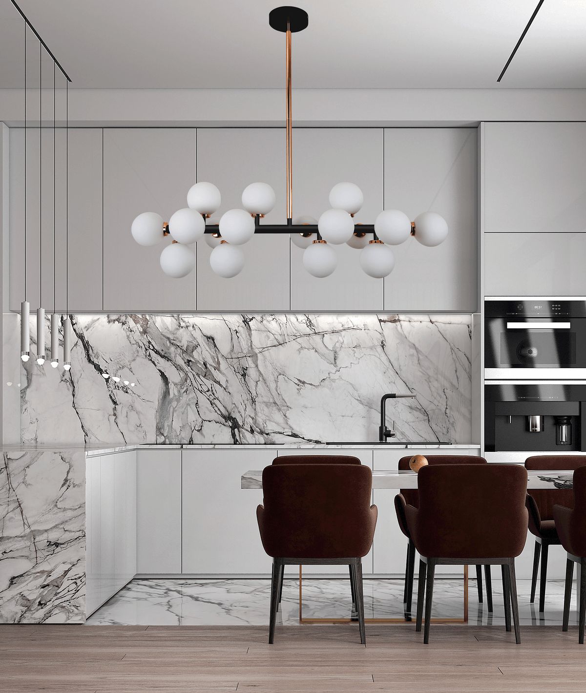 Exkluzivní lustr v černé a zlaté barvě PETRICA, stínítka z bílého skla - Lumina Deco obrázek 2