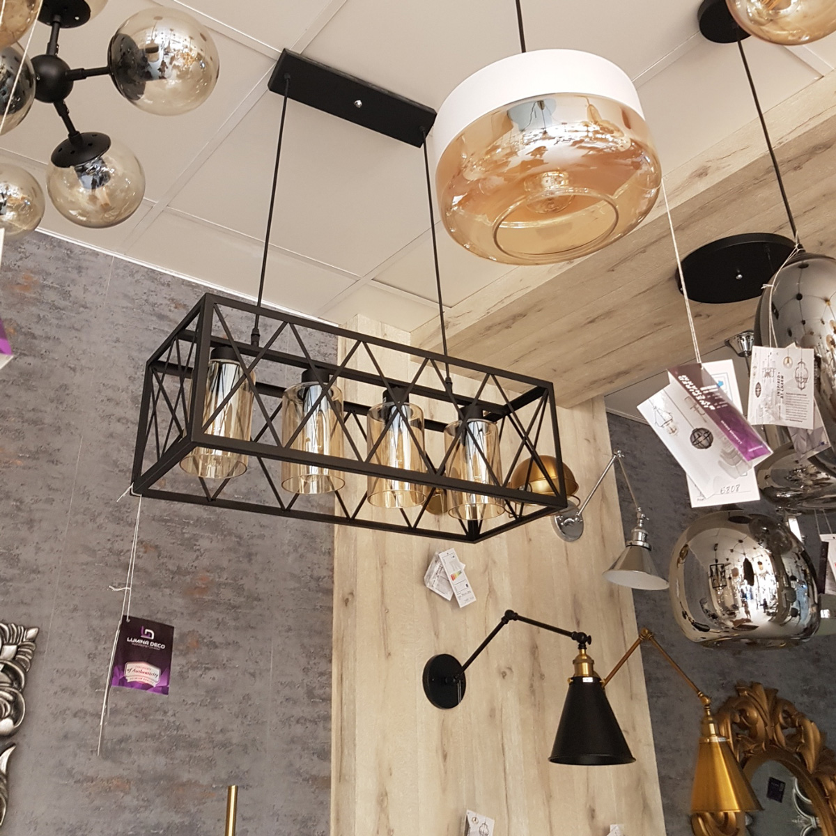 Loftový, industrialní drátěný lustr NORTIS, závěsná černá lampa, kovová klec - Lumina Deco obrázek 4