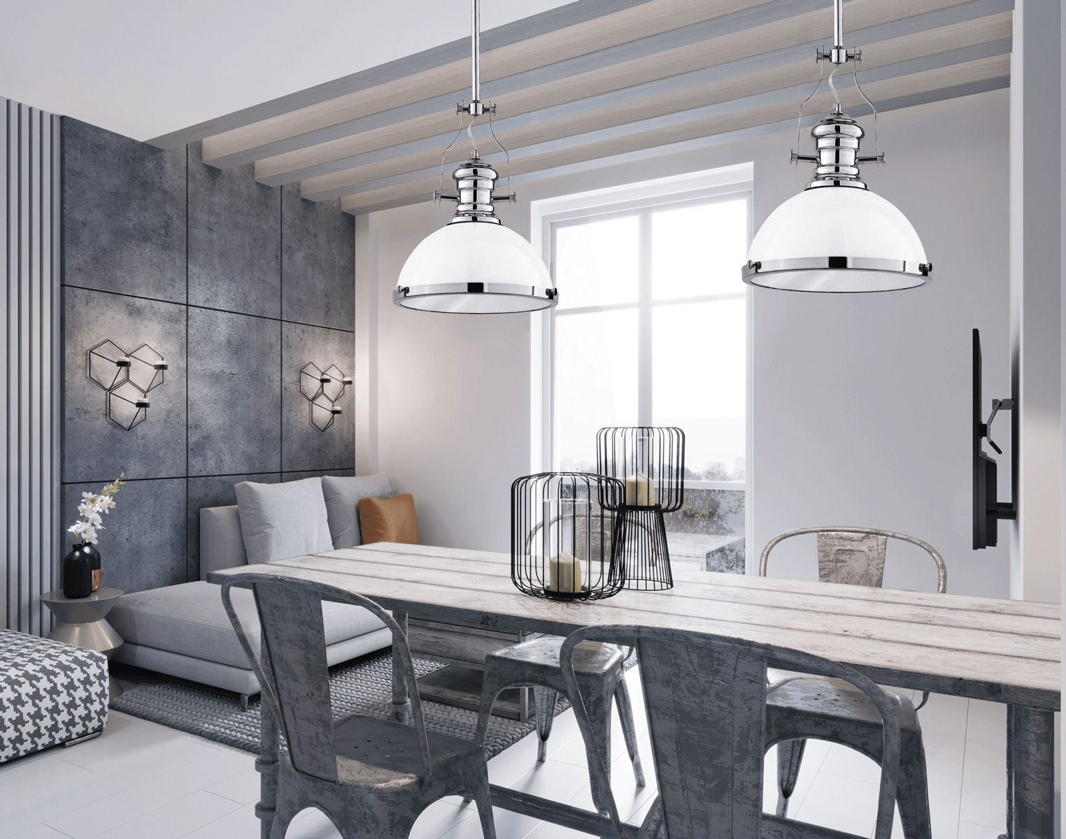 Bílá závěsná lampa ETTORE průmyslová kovová kopule s chromovými prvky - Lumina Deco obrázek 2