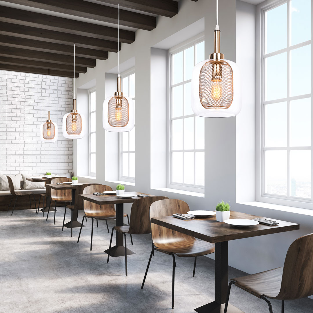 Módní loftový lustr BESSA GOLD, lampa s kovovou síťkou, průhledné sklo - Lumina Deco obrázek 4