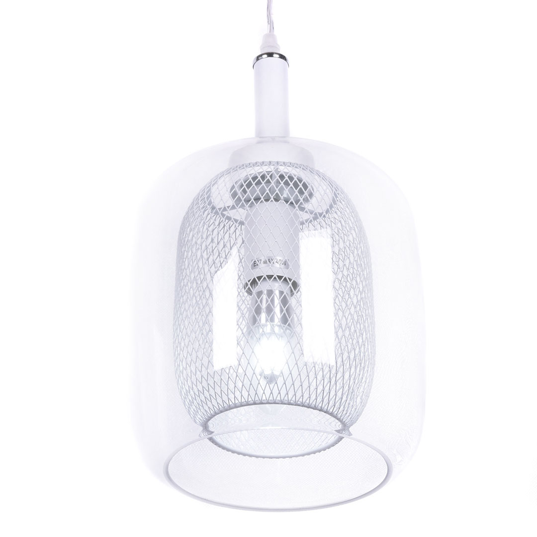 Módní skandinávská závěsná bílá lampa BESSA, kovová síťka, skleněné stínítko - Lumina Deco obrázek 2