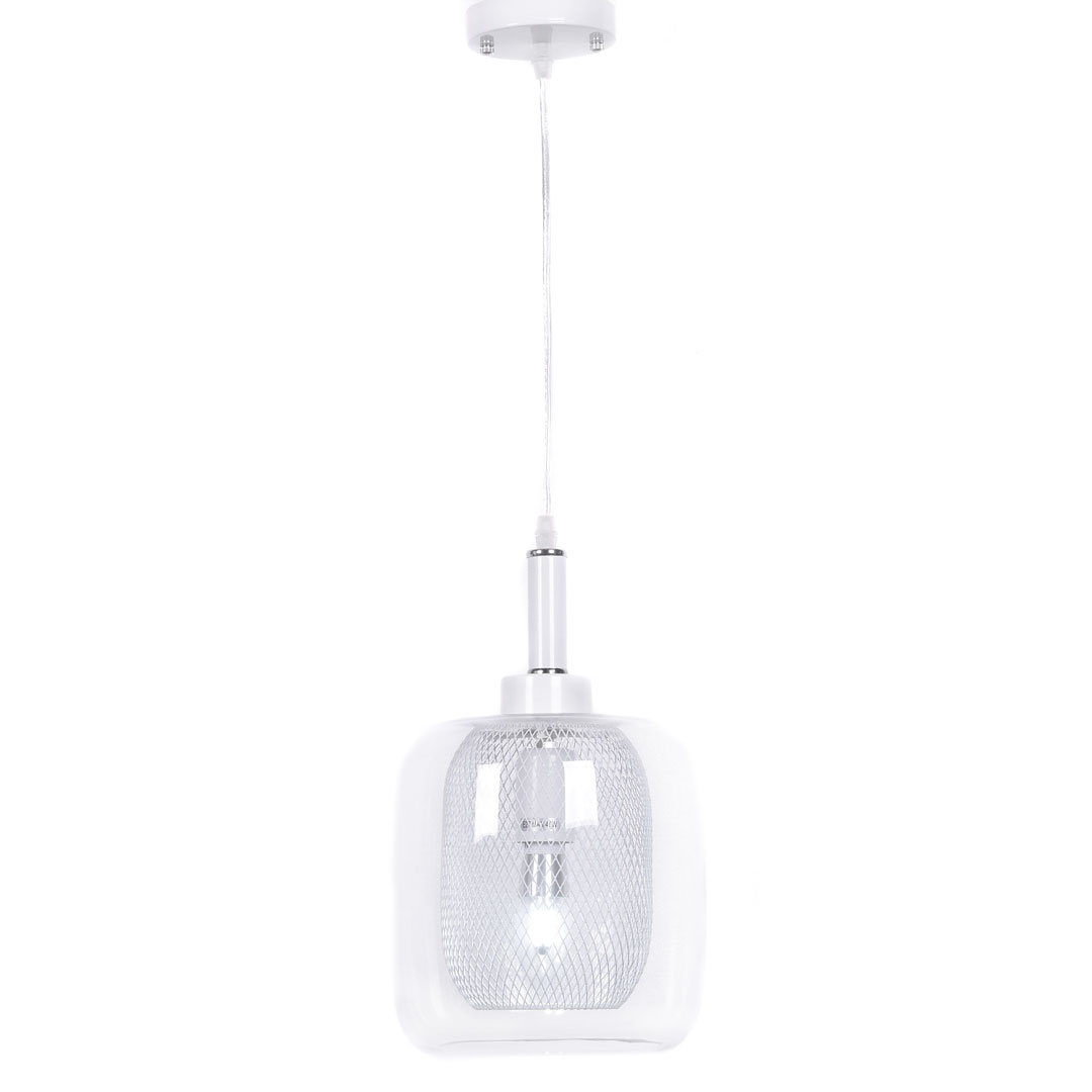 Módní skandinávská závěsná bílá lampa BESSA, kovová síťka, skleněné stínítko - Lumina Deco obrázek 3