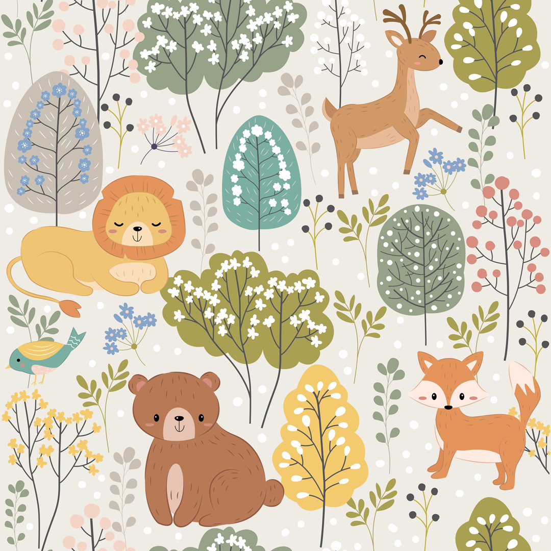 Tapeta se zvířátky: jelen, lev, medvídek, liška a ptáček hrající si v listnatém lese, se zelenými a šedými kvetoucími stromy - Dekoori obrázek 1