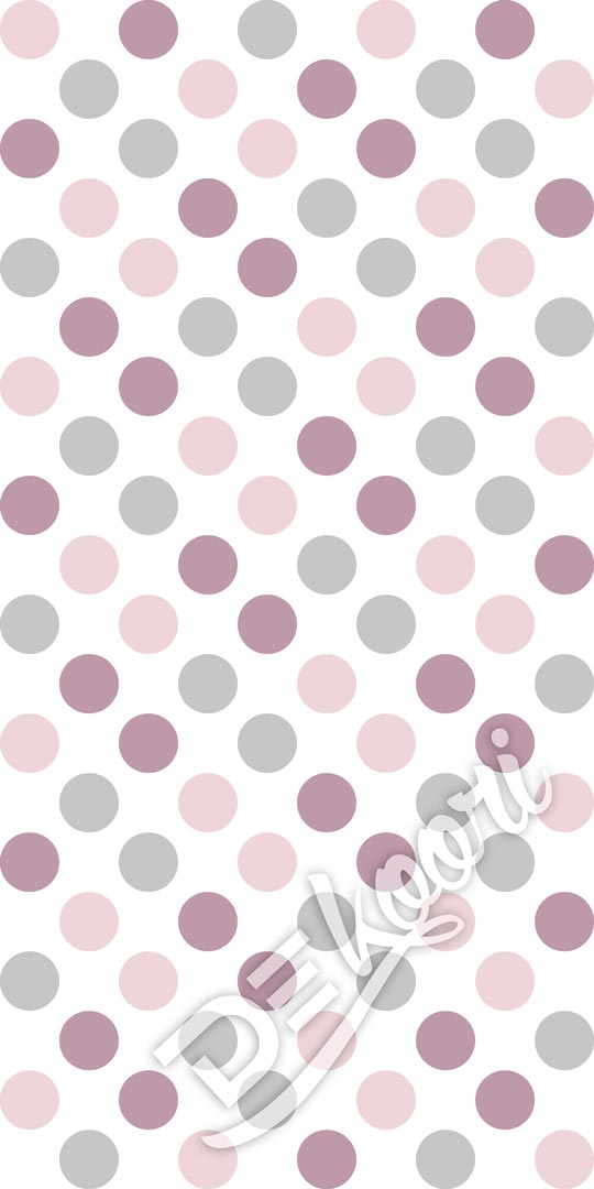Bílá tapeta s fialovými, růžovými a šedými puntíky, kolečka 10 cm - Dekoori obrázek 3