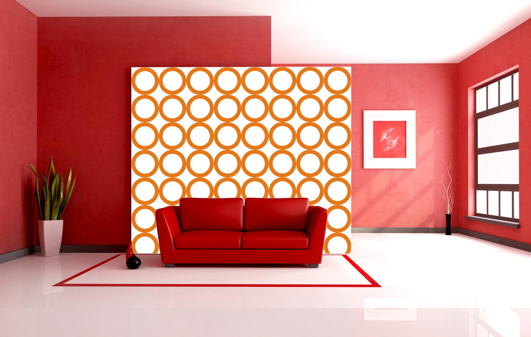 Bílá tapeta s oranžovými kružnicemi, prstenci, kruhy, kolečky - Dekoori obrázek 4