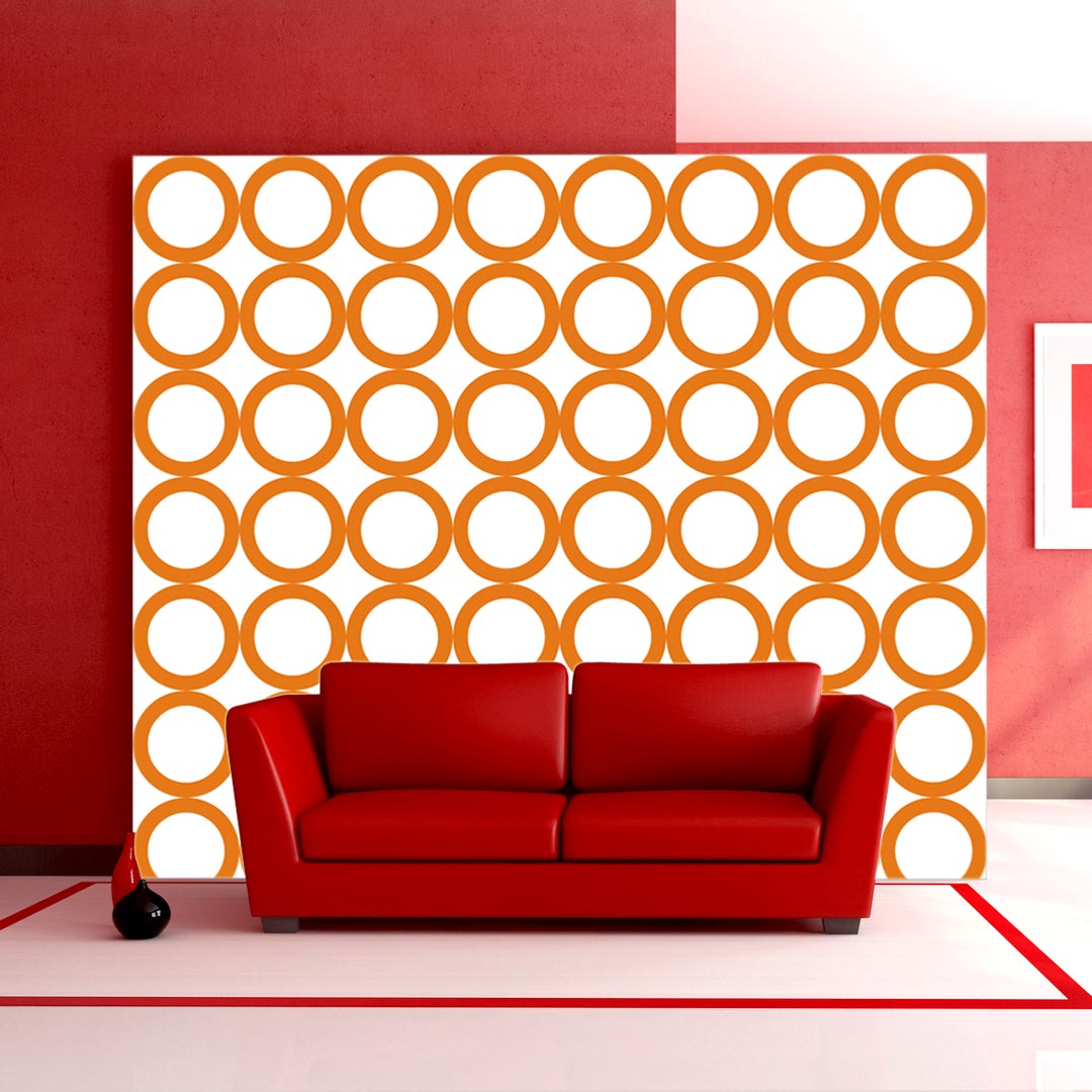 Bílá tapeta s oranžovými kružnicemi, prstenci, kruhy, kolečky - Dekoori obrázek 2