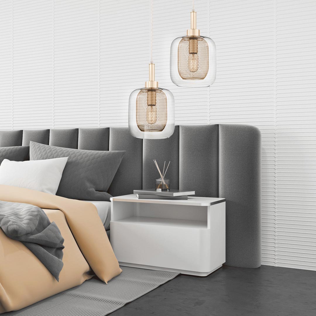 Módní loftový lustr BESSA GOLD, lampa s kovovou síťkou, průhledné sklo - Lumina Deco obrázek 2