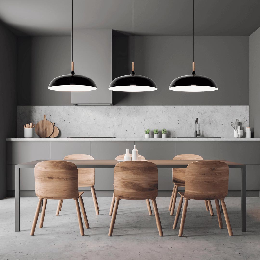 Černá moderní skandinávská stropní lampa VERSI, široké stínidlo, kov a dřevo - Lumina Deco obrázek 2