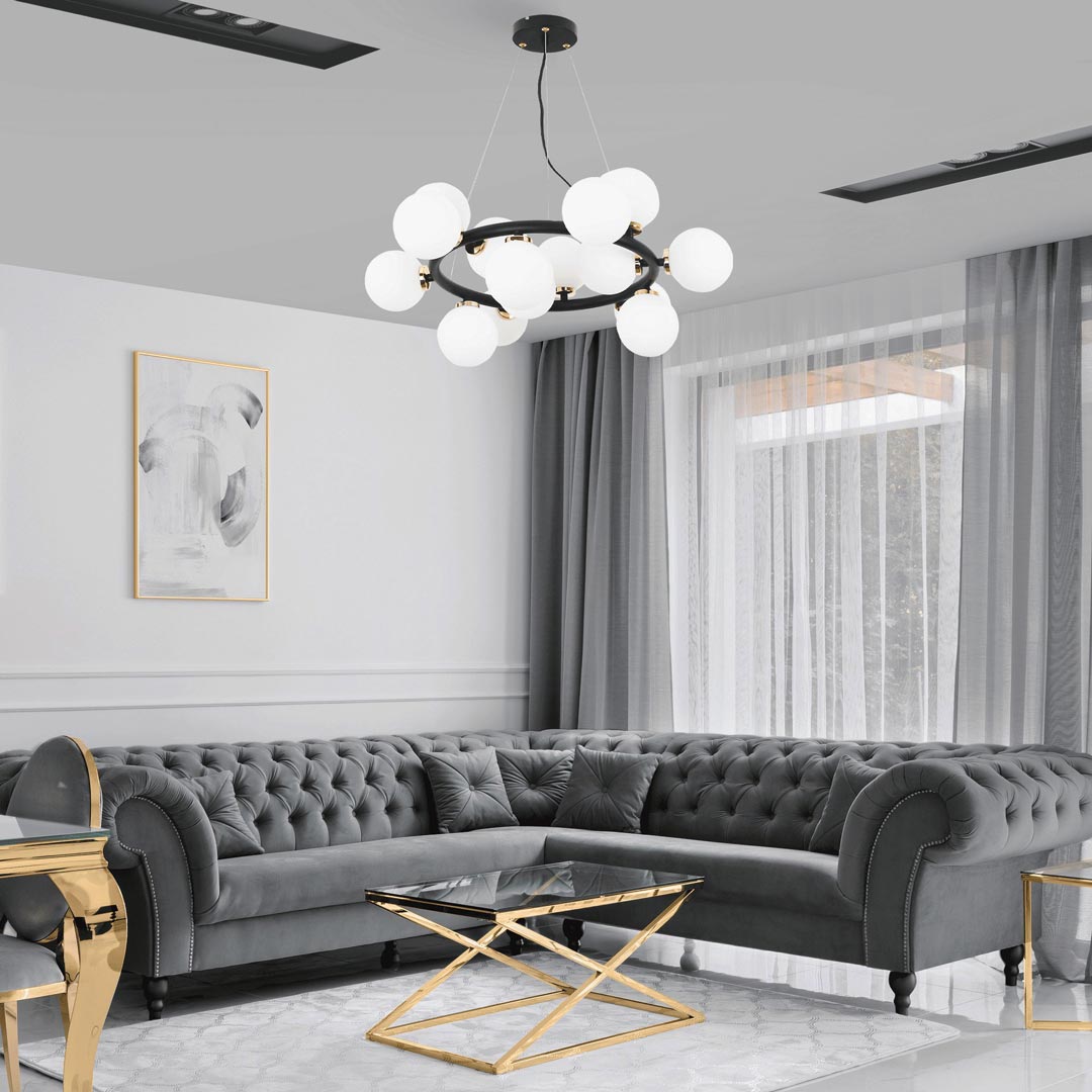 Černo-zlatý, elegantní lustr, vícebodová závěsná lampa MARSIADA, bílá stínítka - Lumina Deco obrázek 2