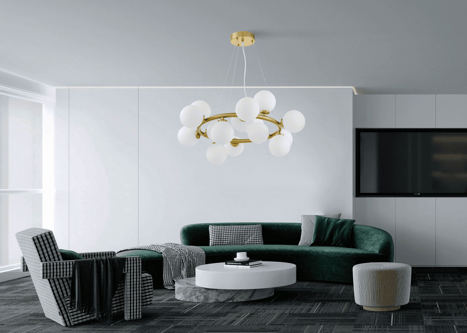 Vícebodová závěsná lampa MARSIADA v mosazné barvě, moderní bílá stínidla ve tvaru koule - Lumina Deco obrázek 4