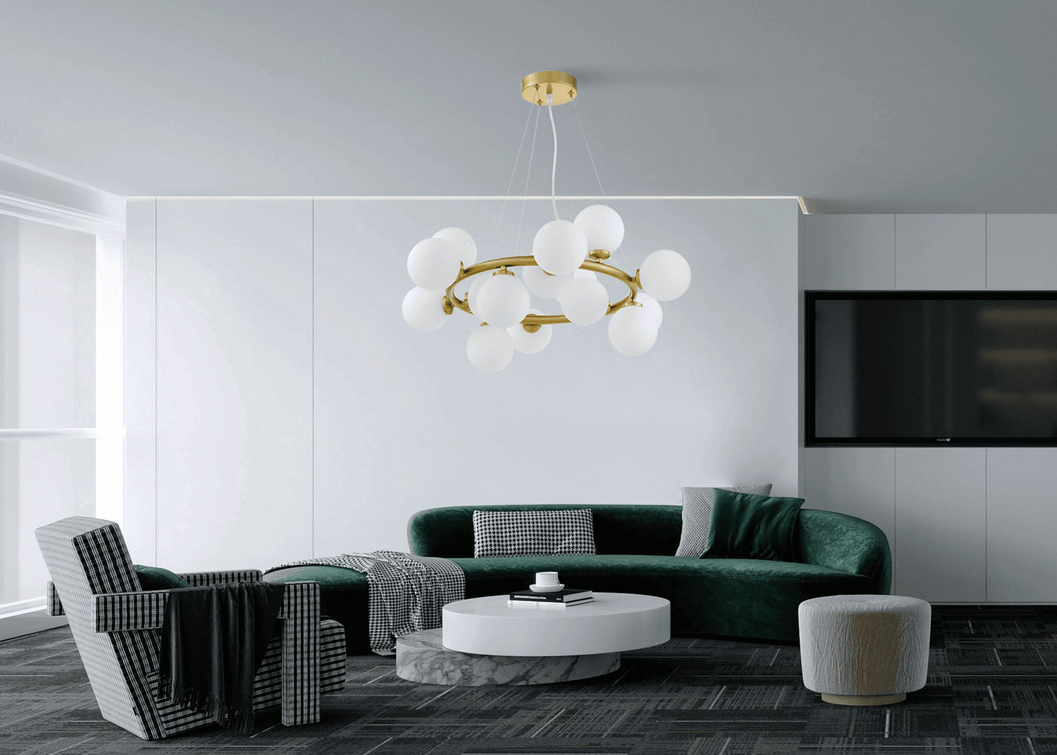 Vícebodová závěsná lampa MARSIADA v mosazné barvě, moderní bílá stínidla ve tvaru koule - Lumina Deco obrázek 2