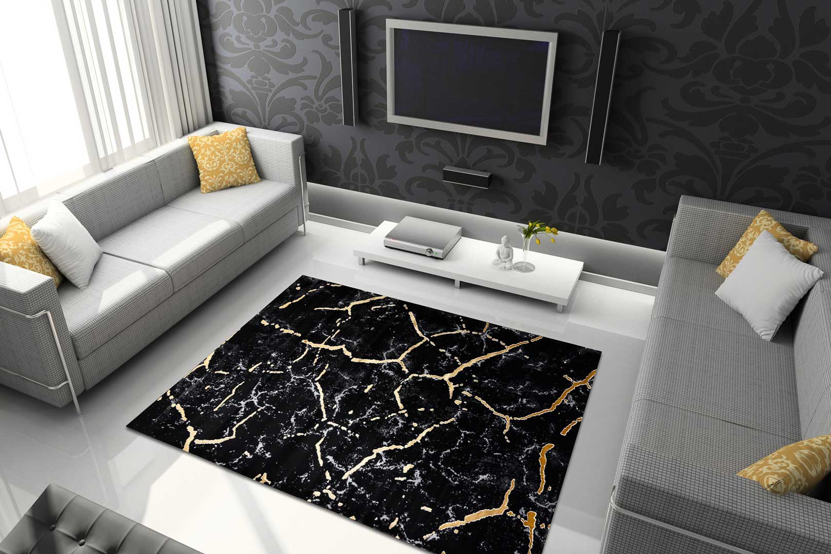 Syntetický koberec s motivem kamene, mramor, glamour, v černé barvě se zlatými prasklinami - Dywany Łuszczów obrázek 4