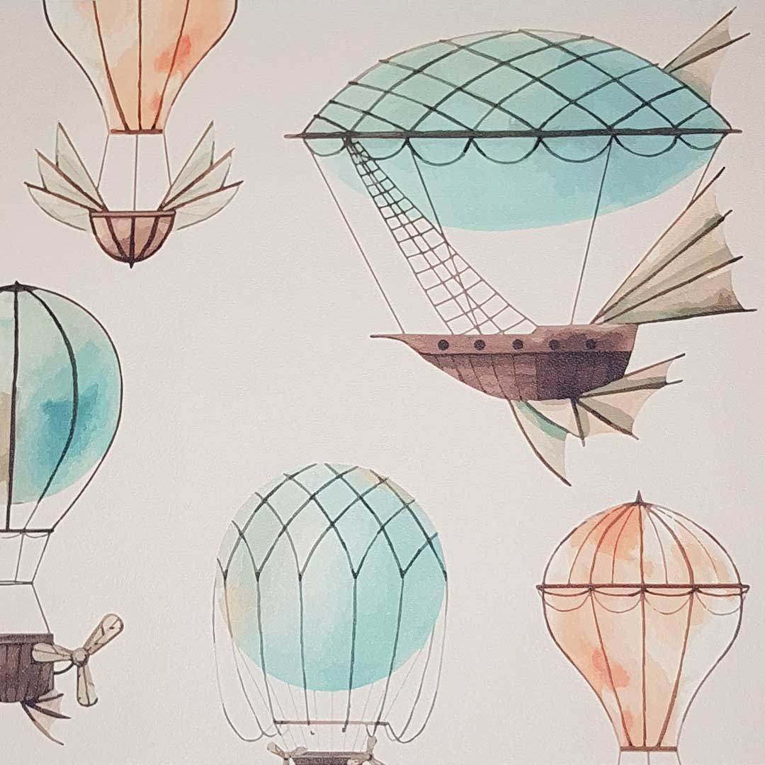 Dětská tapeta s balónkami, fantastickými létajícími stroji a vzducholoděmi na béžovém pozadí - Dekoori obrázek 3