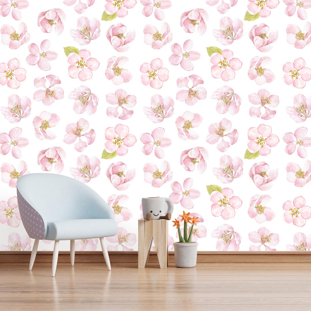 Květinová tapeta na zeď – jemné růžové květy jabloně