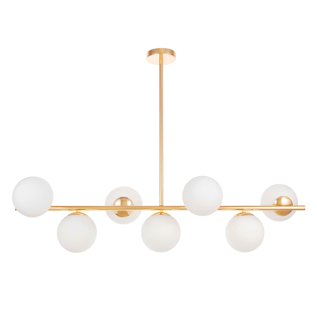 Elegantní zlatá závěsná lampa FREDICA W7 vodorovná s bílými skleněnými kulatými stínítky - Lumina Deco obrázek 1