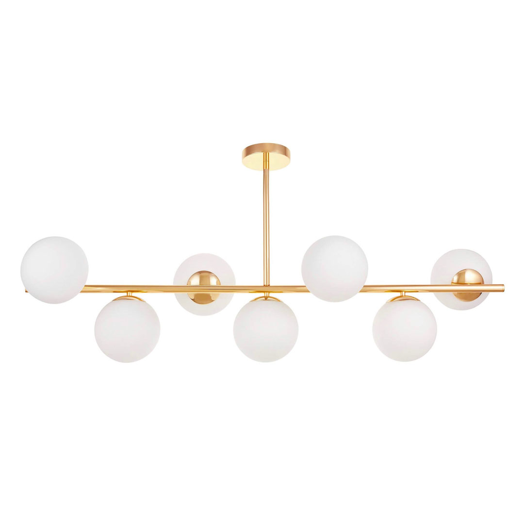 Elegantní zlatá závěsná lampa FREDICA W7 vodorovná s bílými skleněnými kulatými stínítky - Lumina Deco obrázek 3