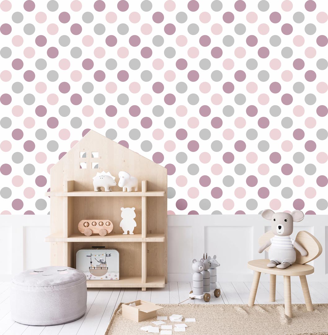 Bílá tapeta s fialovými, růžovými a šedými puntíky, kolečka 10 cm - Dekoori obrázek 2