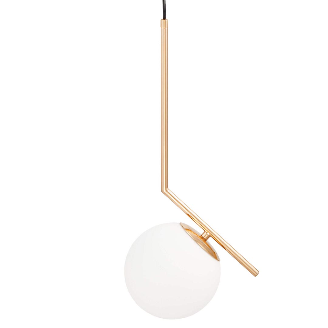 Zlatá moderní lampa SORENTO s bílým skleněným stínidlem ve tvaru koule na kovovém rameni - Lumina Deco obrázek 1