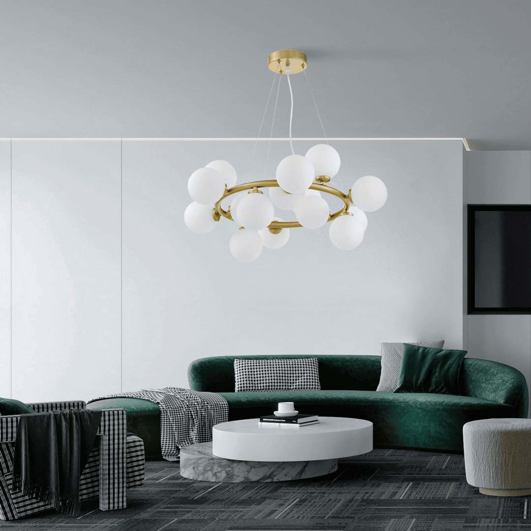 Vícebodová závěsná lampa MARSIADA v mosazné barvě, moderní bílá stínidla ve tvaru koule - Lumina Deco obrázek 2