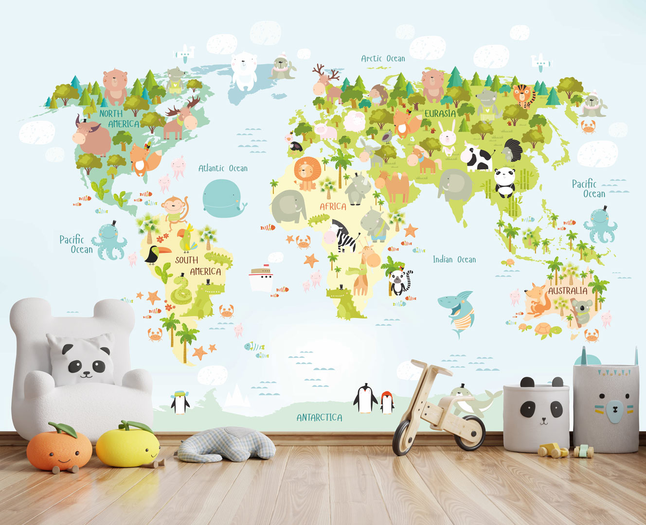 Tapeta mapa světa – dětská, se zvířaty a rostlinami