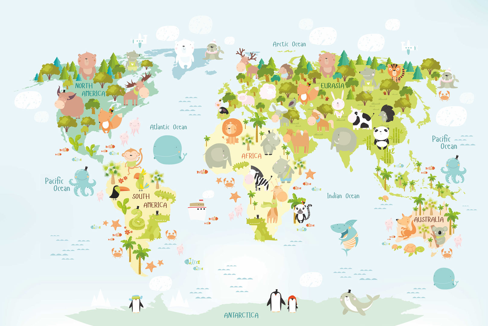 Fototapeta mapa světa zeď: zvířata rostliny do dětského pokoje