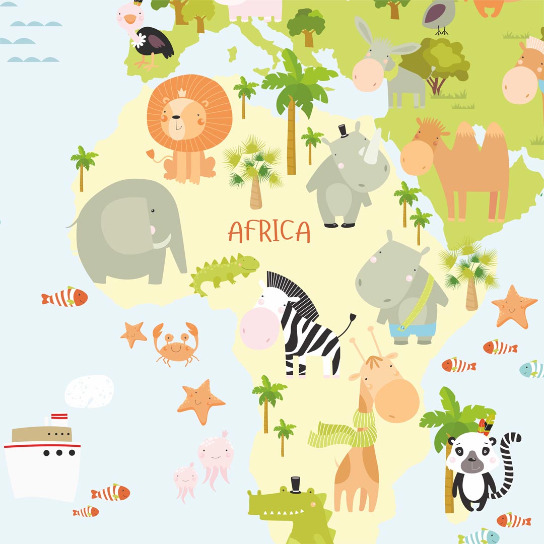 Tapeta mapa světa – dětská, se zvířaty a rostlinami - Dekoori obrázek 3