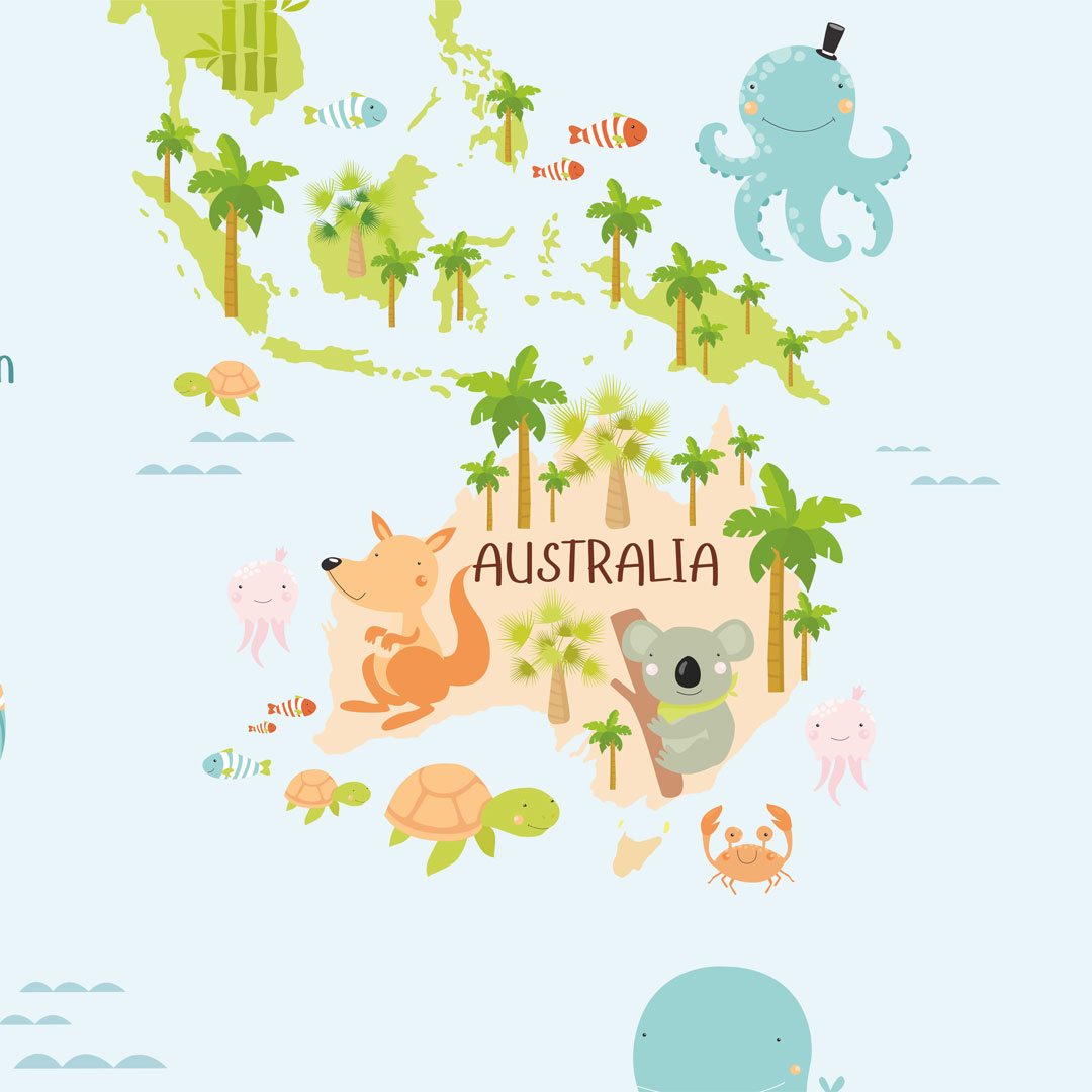 Tapeta mapa světa – dětská, se zvířaty a rostlinami - Dekoori obrázek 4