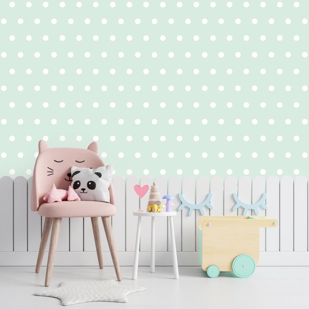 Mátová tapeta na zeď s bílými puntíky, tečkami, 5 cm - Dekoori obrázek 2
