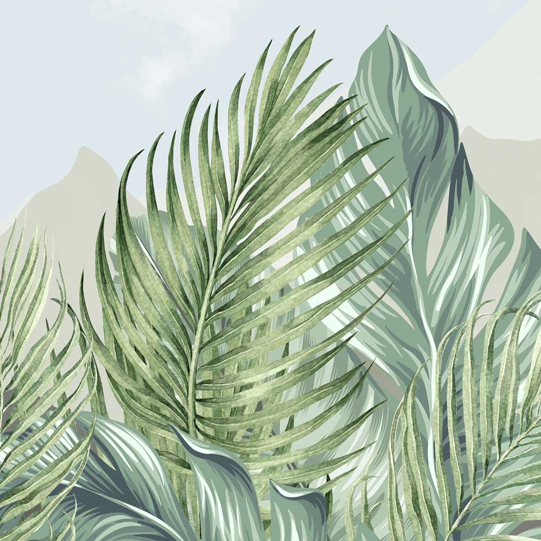 Dětská džungle tapeta: palmy, hory, nebe