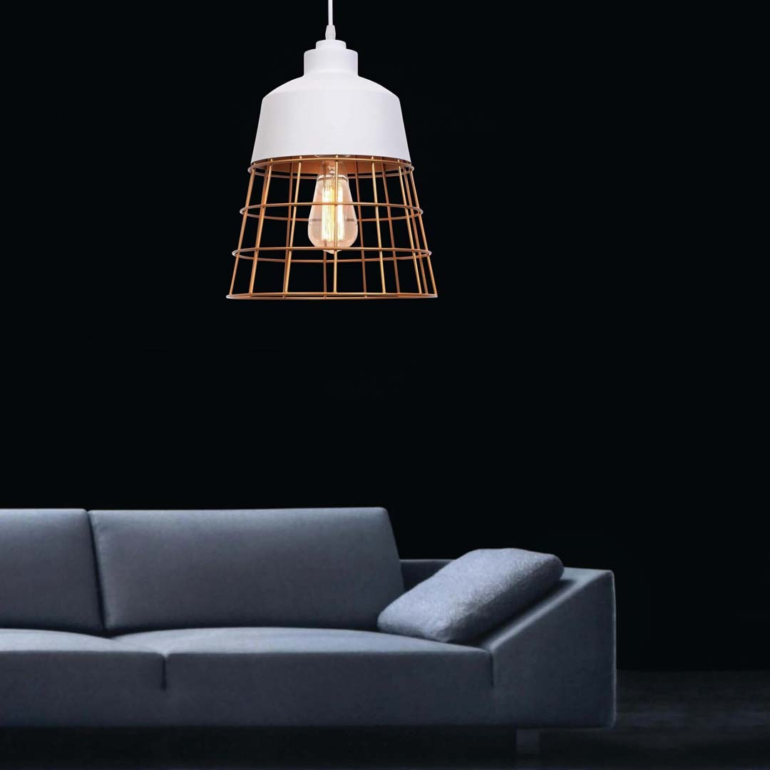 Drátěná bílá závěsná lampa BAGSY moderní loftový lustr zlatá mřížka, klec - Lumina Deco obrázek 2