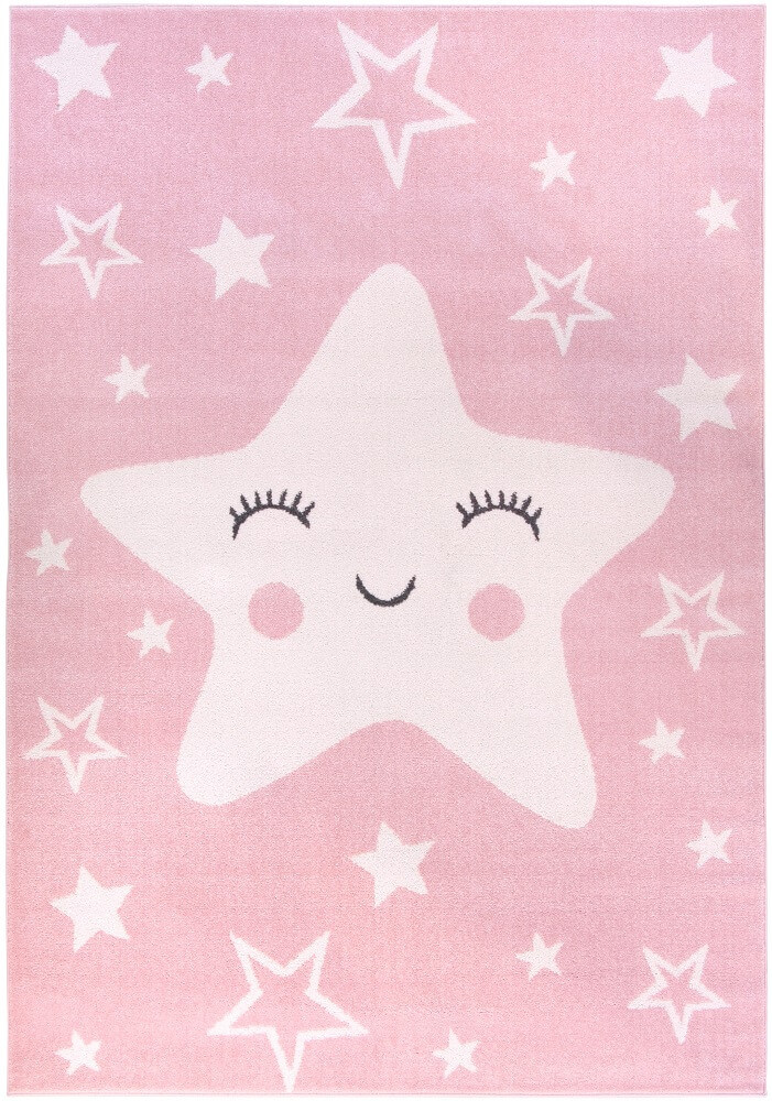 Růžový koberec pro dívky s bílými hvězdami Happy Star Pink hypoalergenní - Carpetforyou obrázek 1