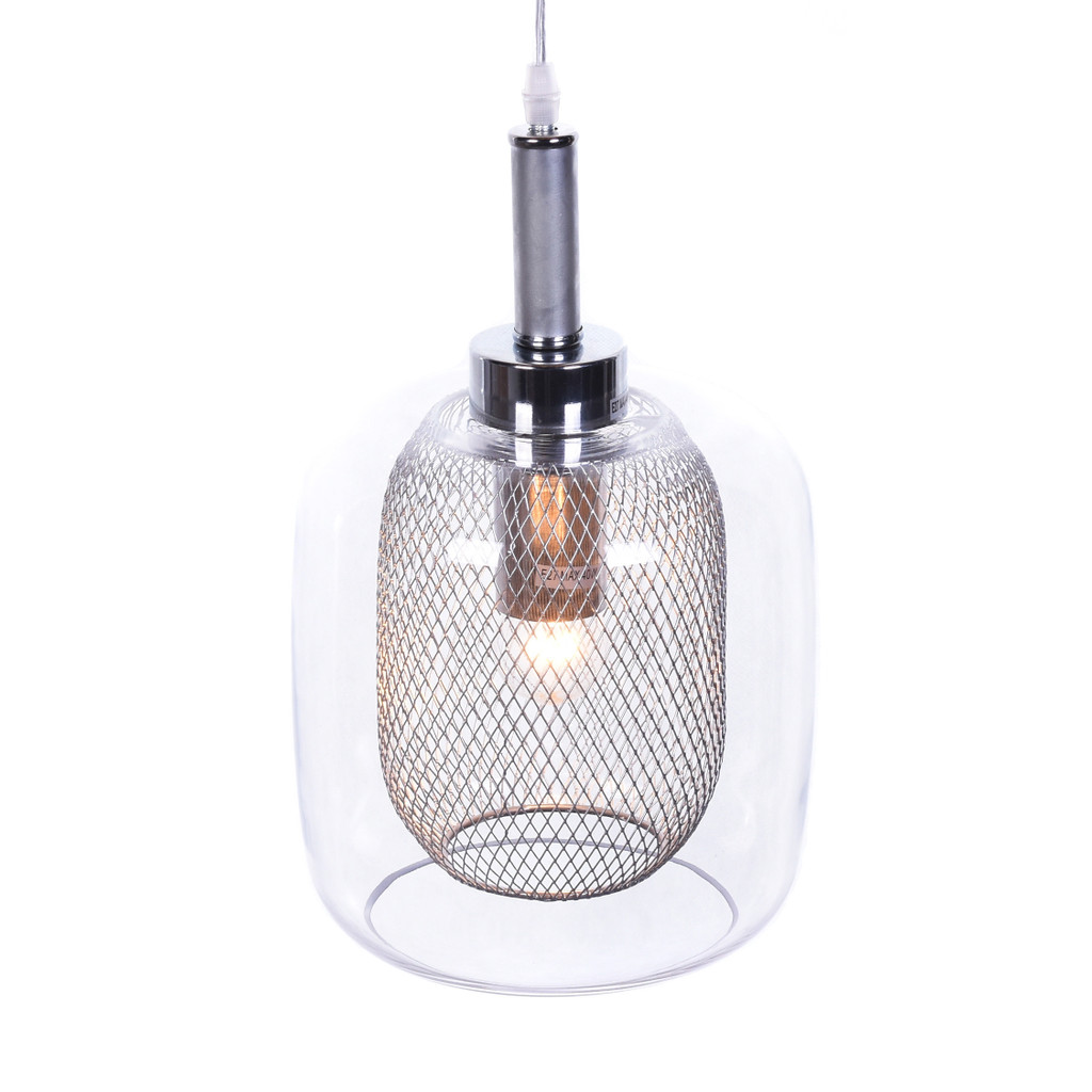 Závěsná industriální loftová lampa, stříbrný lustr BESSA, skleněné stínítko, kovová síťka - Lumina Deco obrázek 3