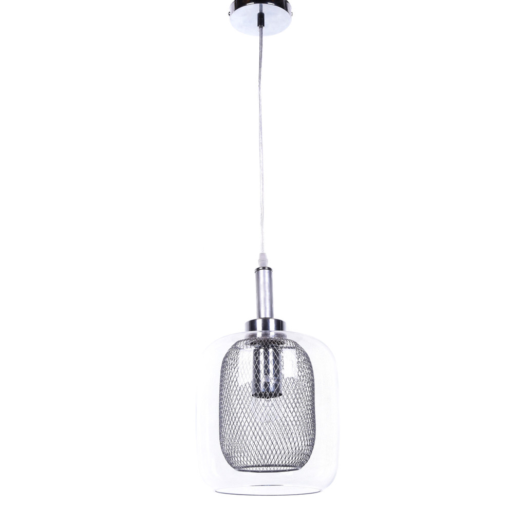 Závěsná industriální loftová lampa, stříbrný lustr BESSA, skleněné stínítko, kovová síťka - Lumina Deco obrázek 2