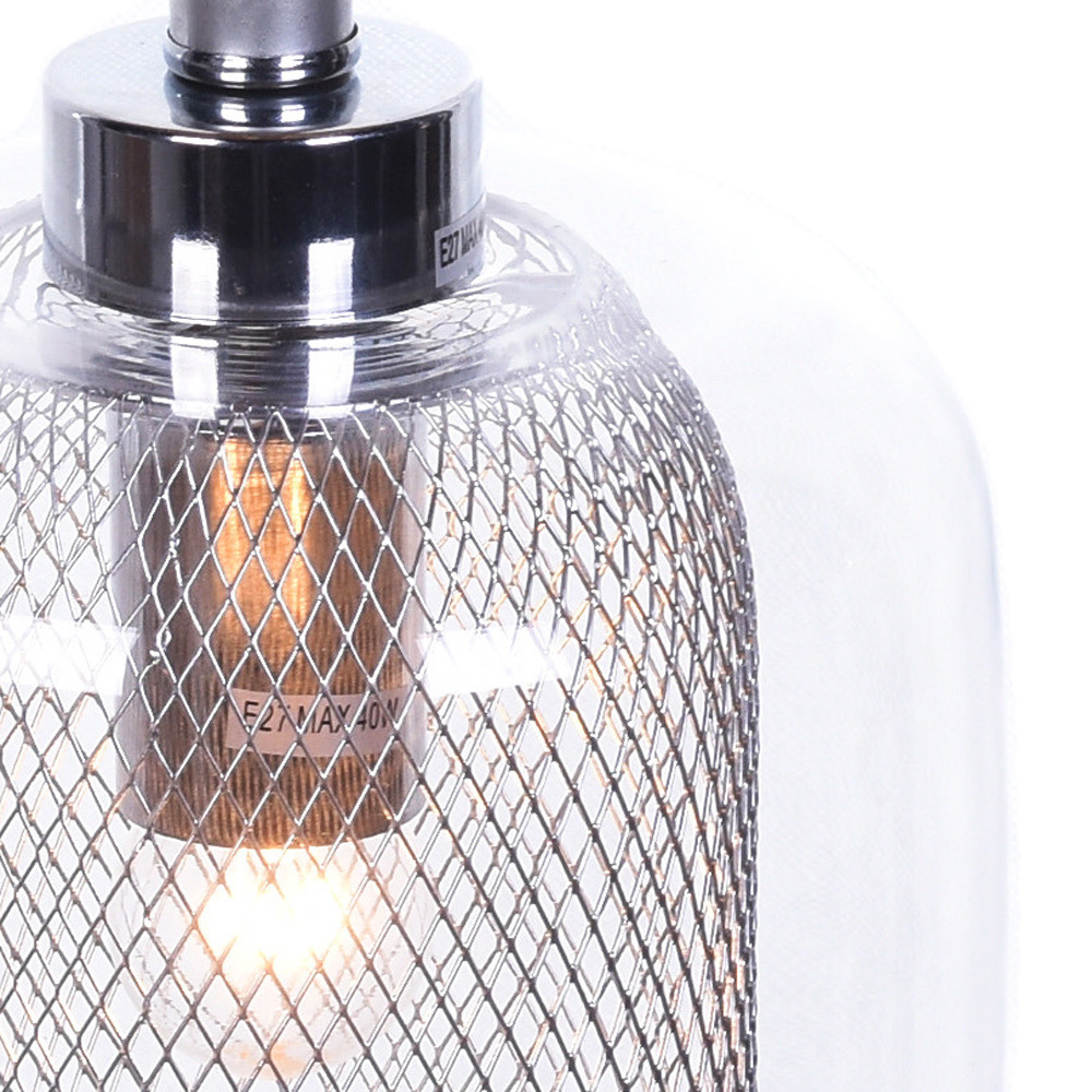 Závěsná industriální loftová lampa, stříbrný lustr BESSA, skleněné stínítko, kovová síťka - Lumina Deco obrázek 4