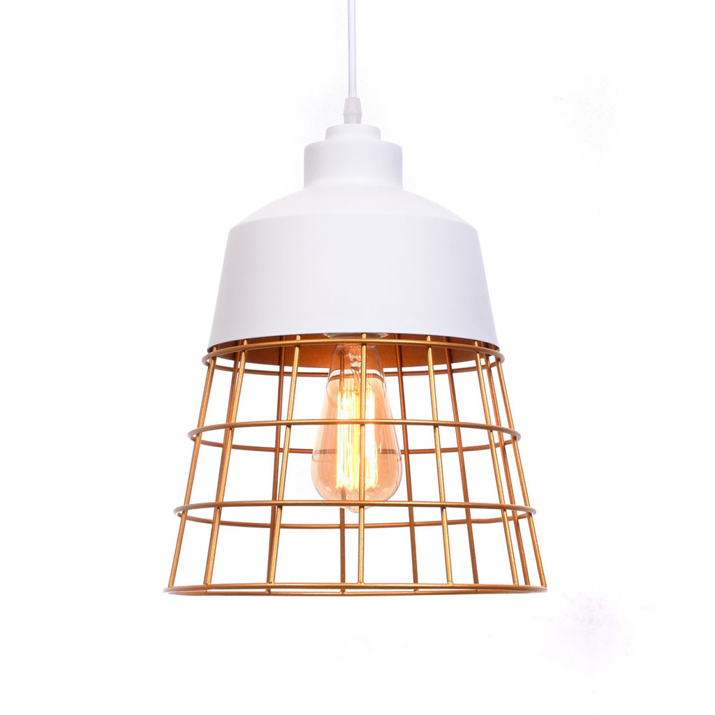 Drátěná bílá závěsná lampa BAGSY moderní loftový lustr zlatá mřížka, klec - Lumina Deco obrázek 3