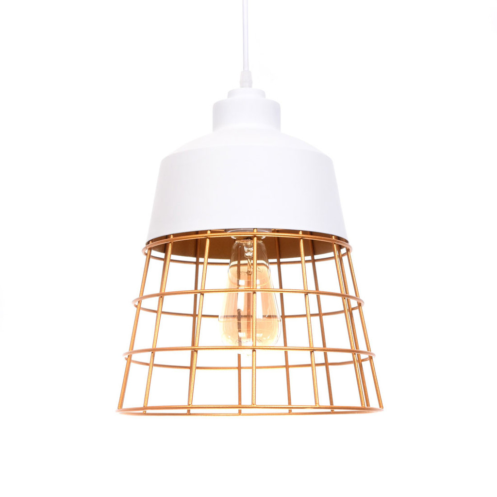 Drátěná bílá závěsná lampa BAGSY moderní loftový lustr zlatá mřížka, klec - Lumina Deco obrázek 1