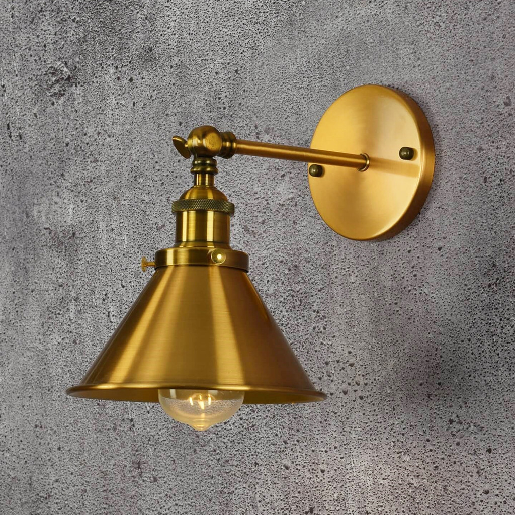 Mosazná nástěnná industrialní průmyslová lampa GUBI W1 dekorativní kovové stínidlo zlatá mosaz - Lumina Deco obrázek 2