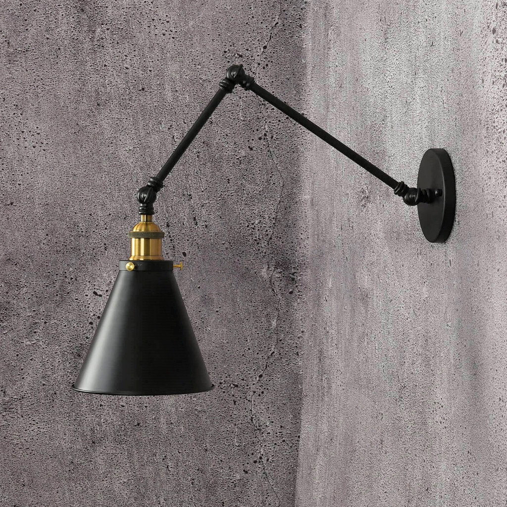 Skandinávská černá nástěnná lampa RUBI W2 nastavitelné rameno, kovové kónické stínidlo - Lumina Deco obrázek 3