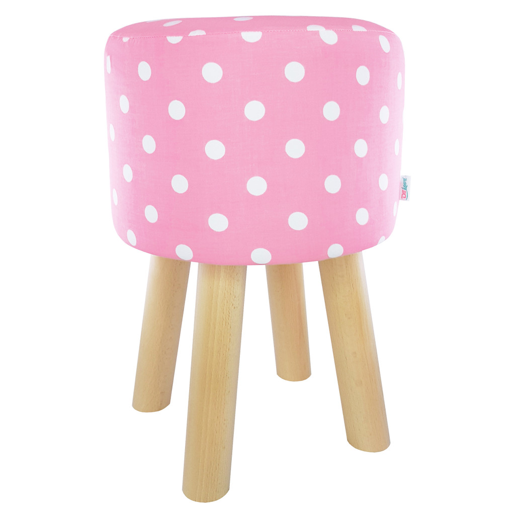 Růžová stolička, retro designový pouf s potahem s bílými tečkami, puntíky - Lily Pouf obrázek 1