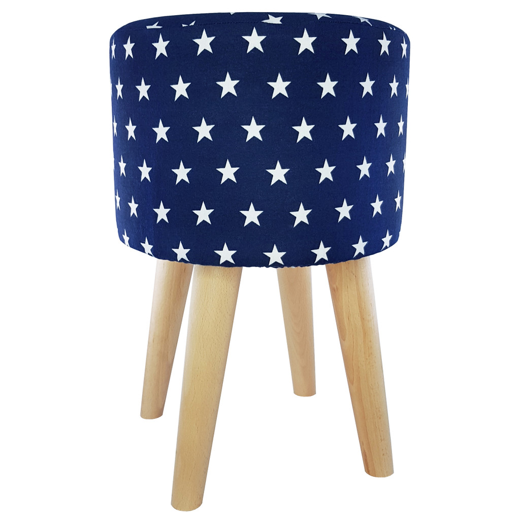 Tmavě modrý pouf s bílými hvězdičkami, dřevěná stolička, taburet s potahem - Lily Pouf obrázek 2