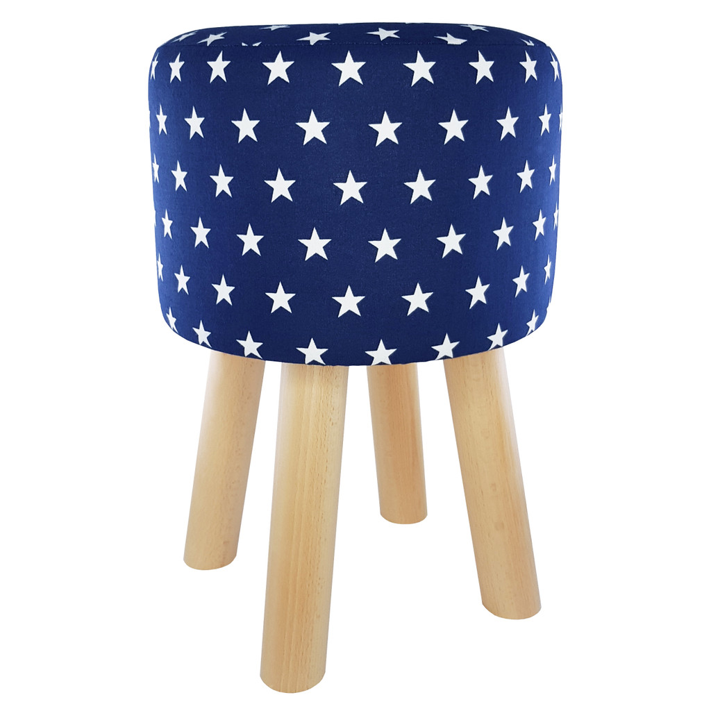 Tmavě modrý pouf s bílými hvězdičkami, dřevěná stolička, taburet s potahem - Lily Pouf obrázek 1